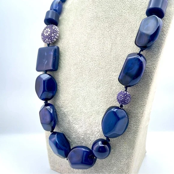Chico’s Statement Necklace Blue Resin Beads Purple Floral Accents - Picture 5 of 7